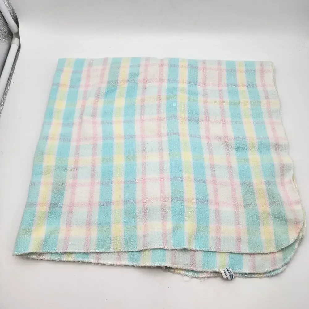 Vintage Carters Baby Receiving Blanket Pink Blue Yellow Plaid Stripe 100% Cotton